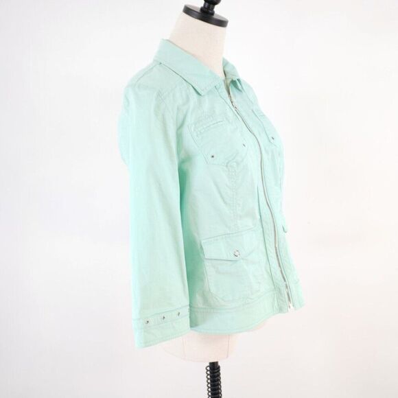 Chico's Size 1 Seafoam Green Full Zip Collared Jacket Waist Fitted Cotton Pocket - Picture 7 of 10